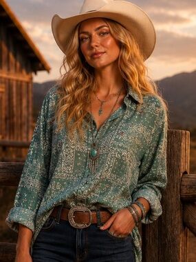 BlueVelvet L Green Bandana Print Button Down Shirt